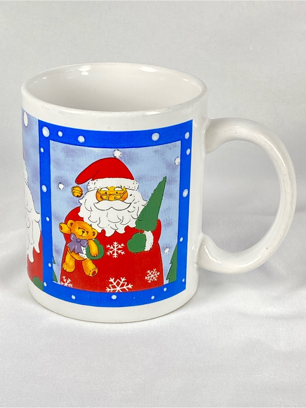 Vintage Christmas Santa Teddy Bear Ceramic Coffee Mug Blue Polka Dot 12oz